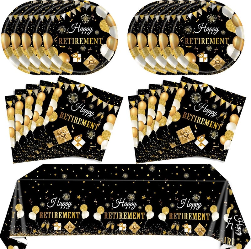 SNIMICS 41PCS Retirement Decorations For Men Black and Gold Disposable Tablerware Decoration Favors Including Napkins Plates Tablecloth Set for Women Men Serves 20 - Image 1